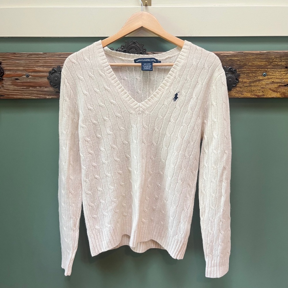 Ralph Lauren Sport Cream Merino Wool Rabbit Hair Cable Knit V-Neck Sweater L
